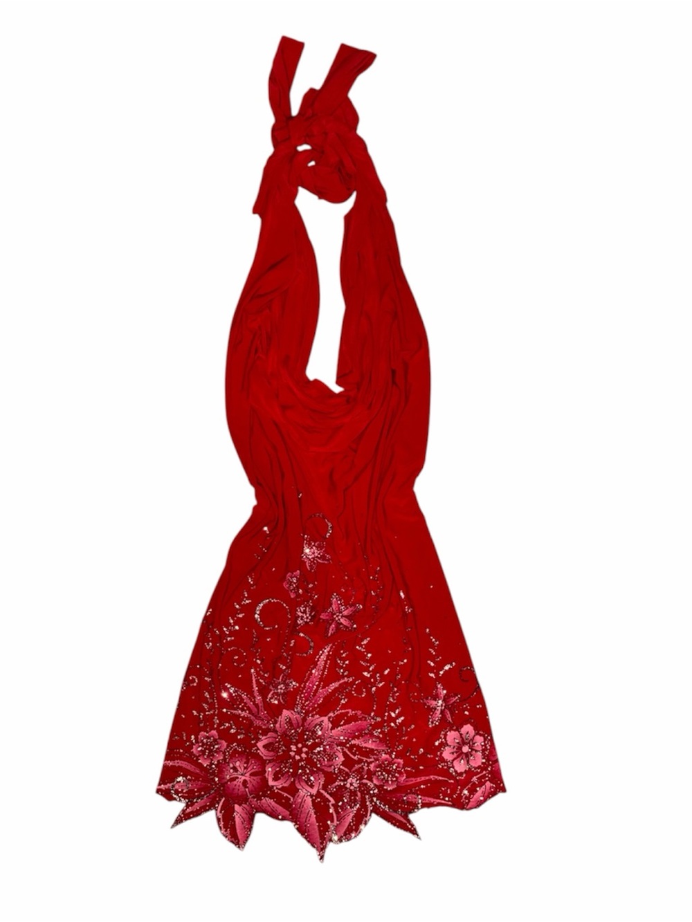 Vintage Red halter neck maxi dress with floral embellishments